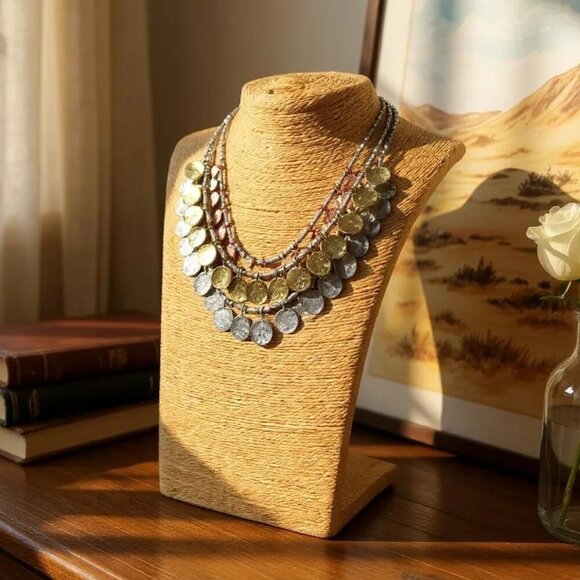🆕Boho Statement Bib Necklace Handcrafted Layered Mixed Metal Coin Charm Beaded - Picture 1 of 13